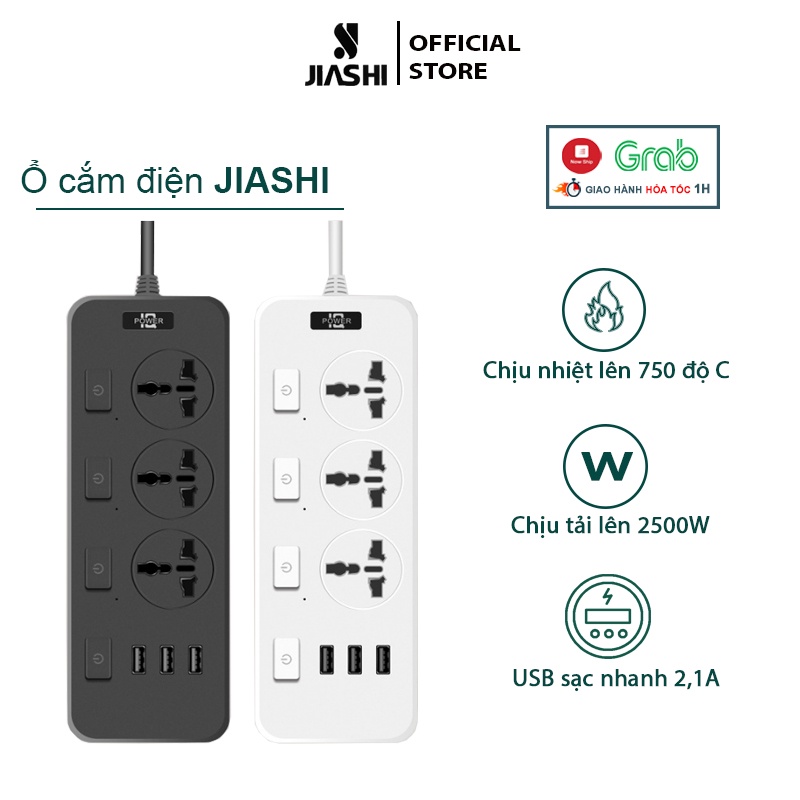 Ổ Cắm Điện Đa Năng Thông Minh Jiashi 3 Cổng USB Sạc Nhanh 5V-2.1A Công Suất 2500W Nhựa PP Chống Cháy Dây Nối 1,8M OCD04