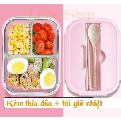 Hộp Đựng Cơm Thủy Tinh Chia 3 Ngăn Tiện Dụng Kèm Túi Giữ Nhiệt Có Thể Cho Vào Lò Vi Sóng Hoặc Tủ Lạnh VT161