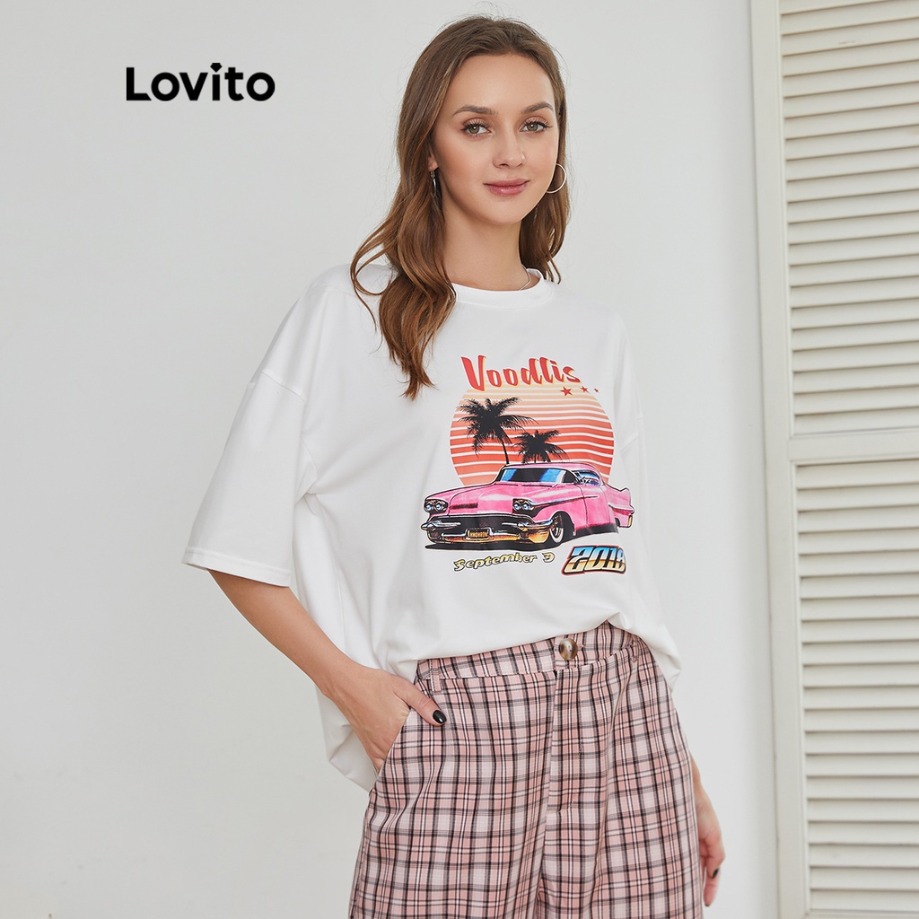 Lovito In khổ thông thường Áo thun cổ tròn In khổ lớn Phong cảnh L24AD030 (Trắng)