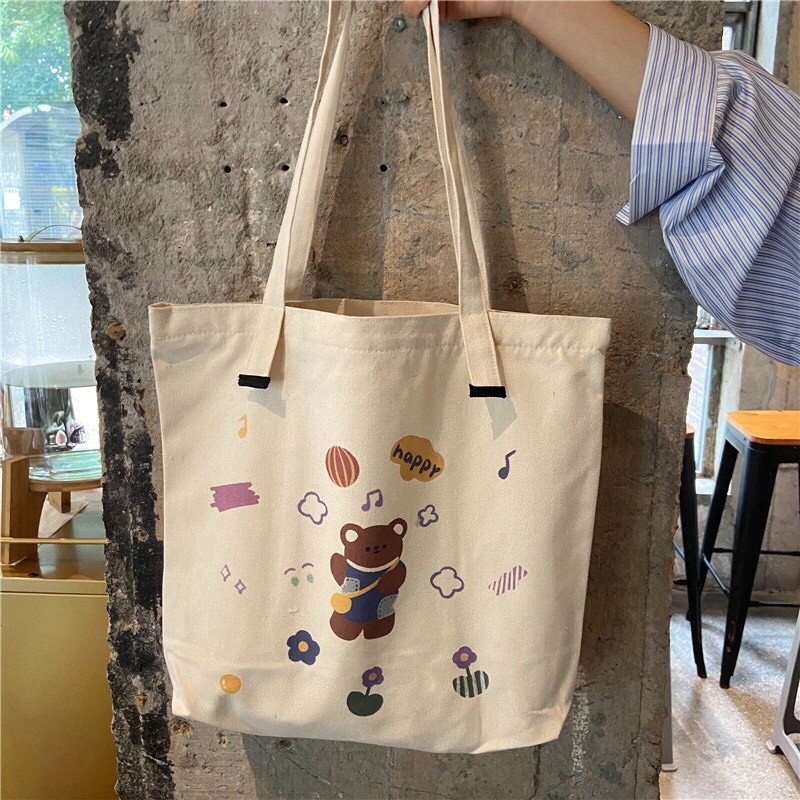 TÚI TOTE VẢI CANVAS ĐEO VAI HÌNH GẤU HAPPY