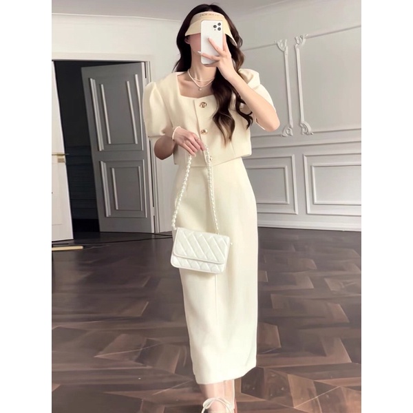 SET CROP NUDE CỔ VUÔNG + CHÂN VÁY MIDI SET RETRO