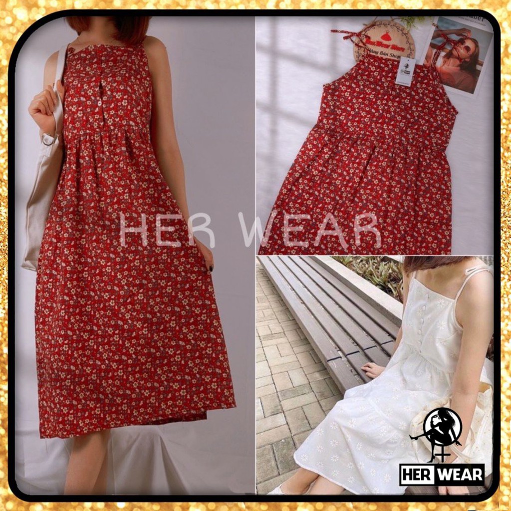 Váy (Đầm) hoa nhí vintage hai dây nữ phong cách Ulzzang Hàn Quốc | BigBuy360 - bigbuy360.vn