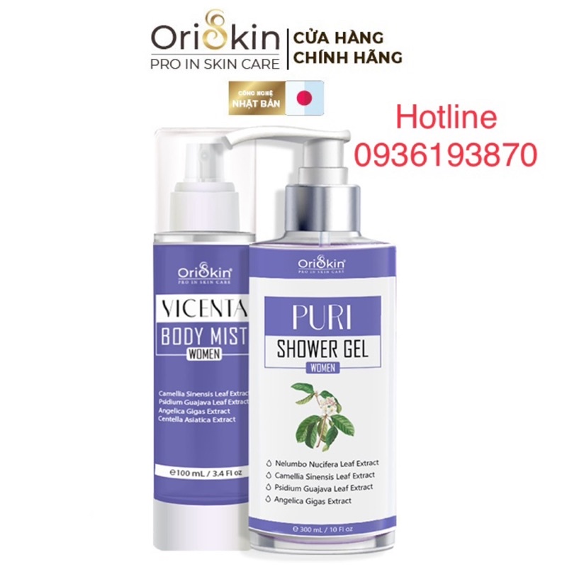 ✅ Combo Xịt Mụn Lưng, Giảm Viêm Nang Lông Dành Cho Nữ Oriskin Vicenta Body Mist  100ml và Sữa Tắm Puri shower Gel 300ml