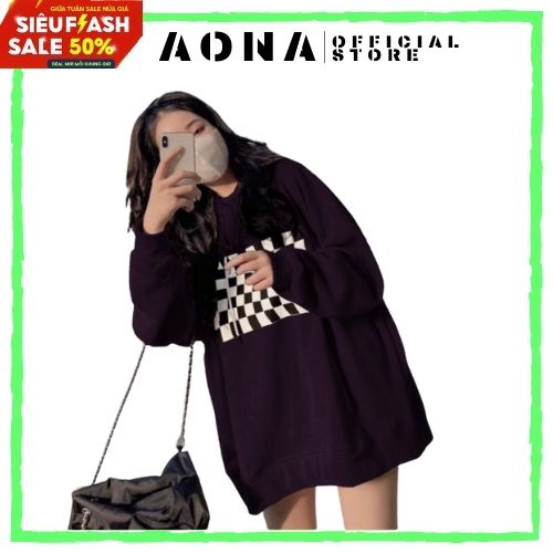 Áo Sweater In Hình Bàn Cờ Chất Nỉ Dày Dặn From Suông Rộng Cá Tính Màu Tím Hottrend_Aona Store
