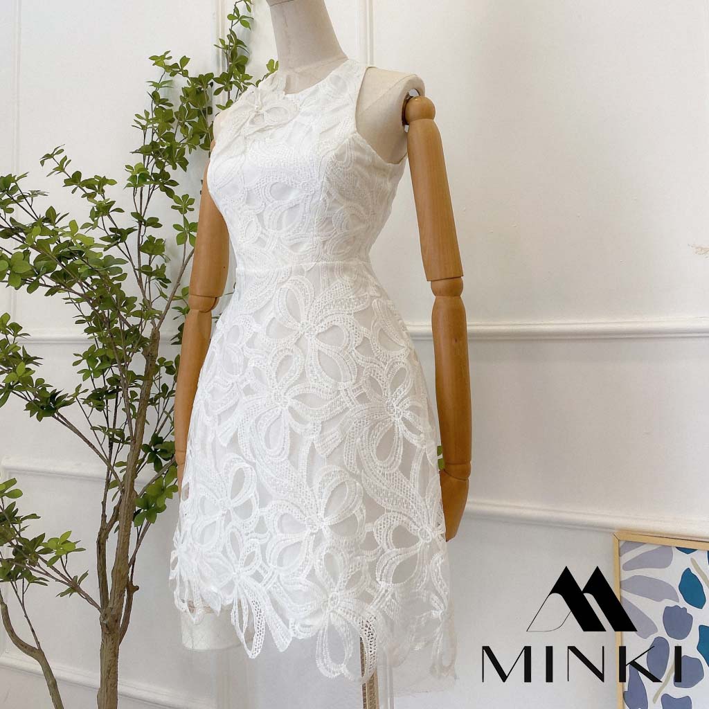 ĐẦM REN SÁT NÁCH KÈM HOA 4 MÀU - CHẤT REN CAO CẤP - MÀU CAM /  TRẮNG / ĐEN / NUDE