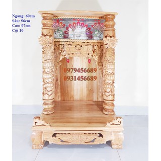 Bàn thờ thần tài ông địa gỗ xoan ngang 60cm quỳ trụ hộp đèn cột 10cm màu vàng nhạt