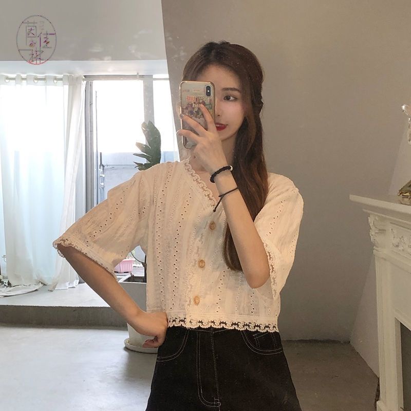 Áo Kiểu Hàn Quốc Dáng Rộng Cổ V Tay Ngắn In Họa Tiết Hoa Thời Trang Mùa Hè Hàng Mới 2022