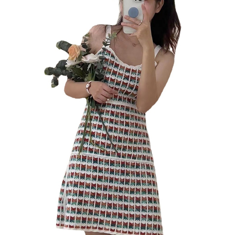 Đầm Chữ A Lưng Cao Không Tay Họa Tiết Kẻ Sọc Nhiều Màu Sắc Dành Cho Nữ