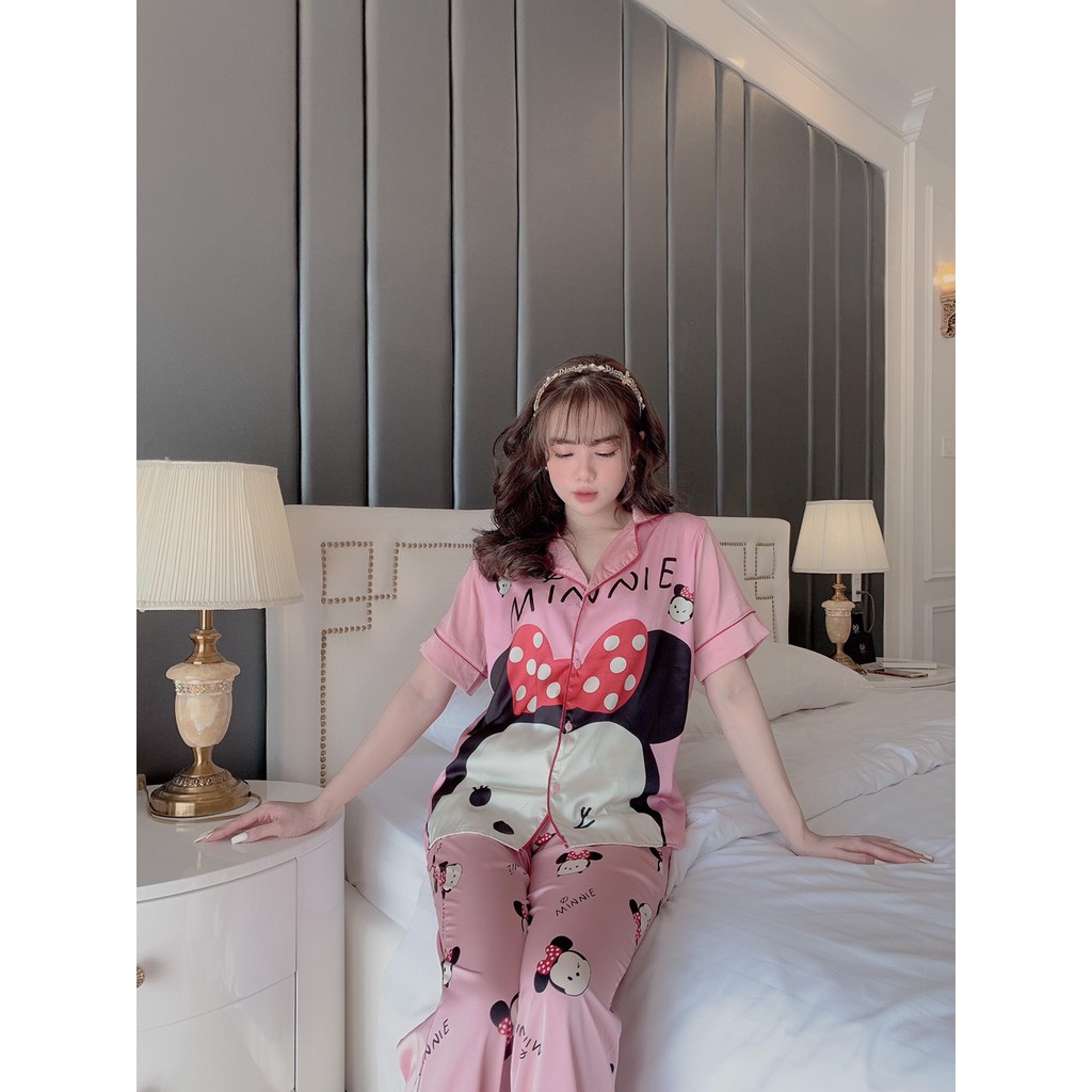 [Sỉ Lẻ Bộ Mặc Nhà Giá Tốt] Bộ Pijama Tay Ngắn Quần Dài Chất Vải Latin Êm Mịn Thoáng Mát Họa Tiết Hoạt Hình Màu Hồng