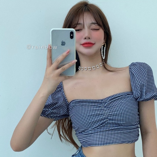 Áo Croptop Tay Ngắn Cổ Vuông Họa Tiết Sọc Caro Thời Trang Mùa Hè Cho Nữ