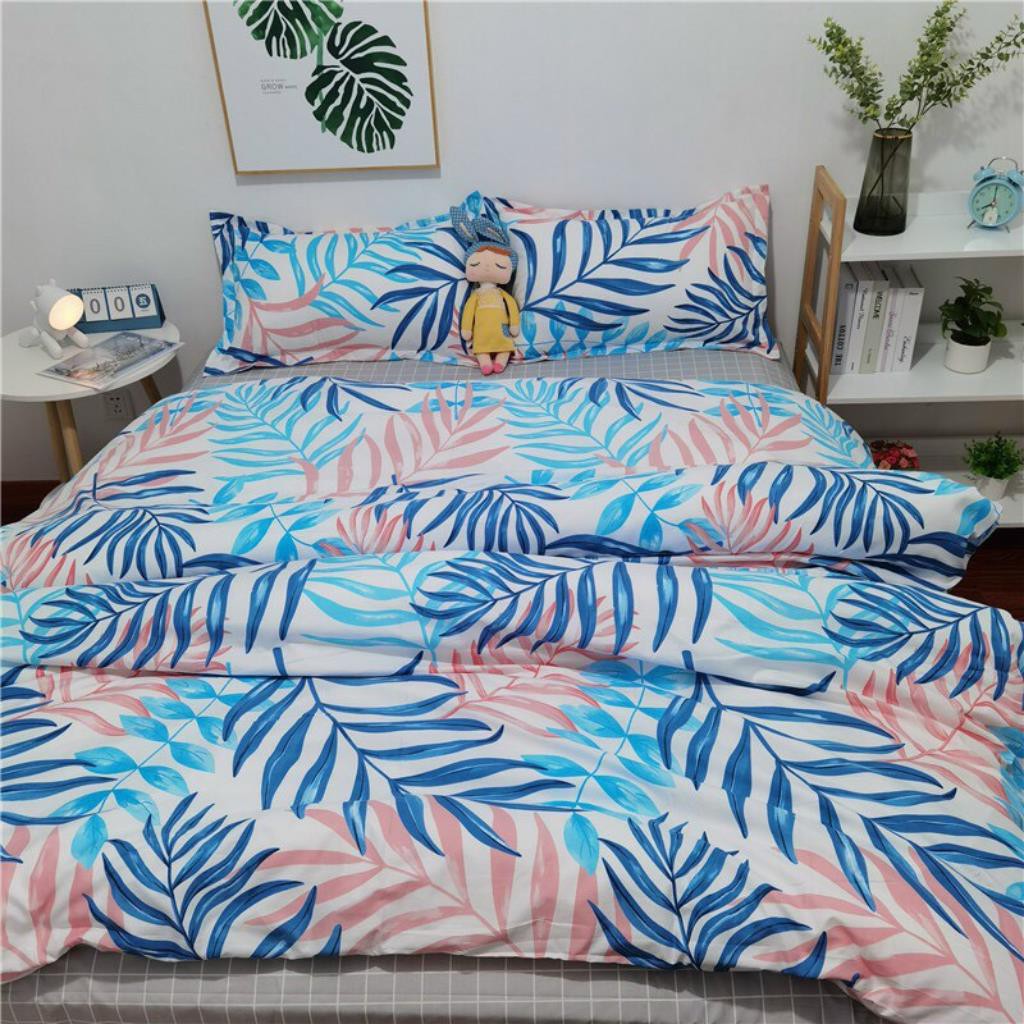 Bộ chăn ga gối drap giường chất cotton poly họa tiết cỏ xanh dương hồng