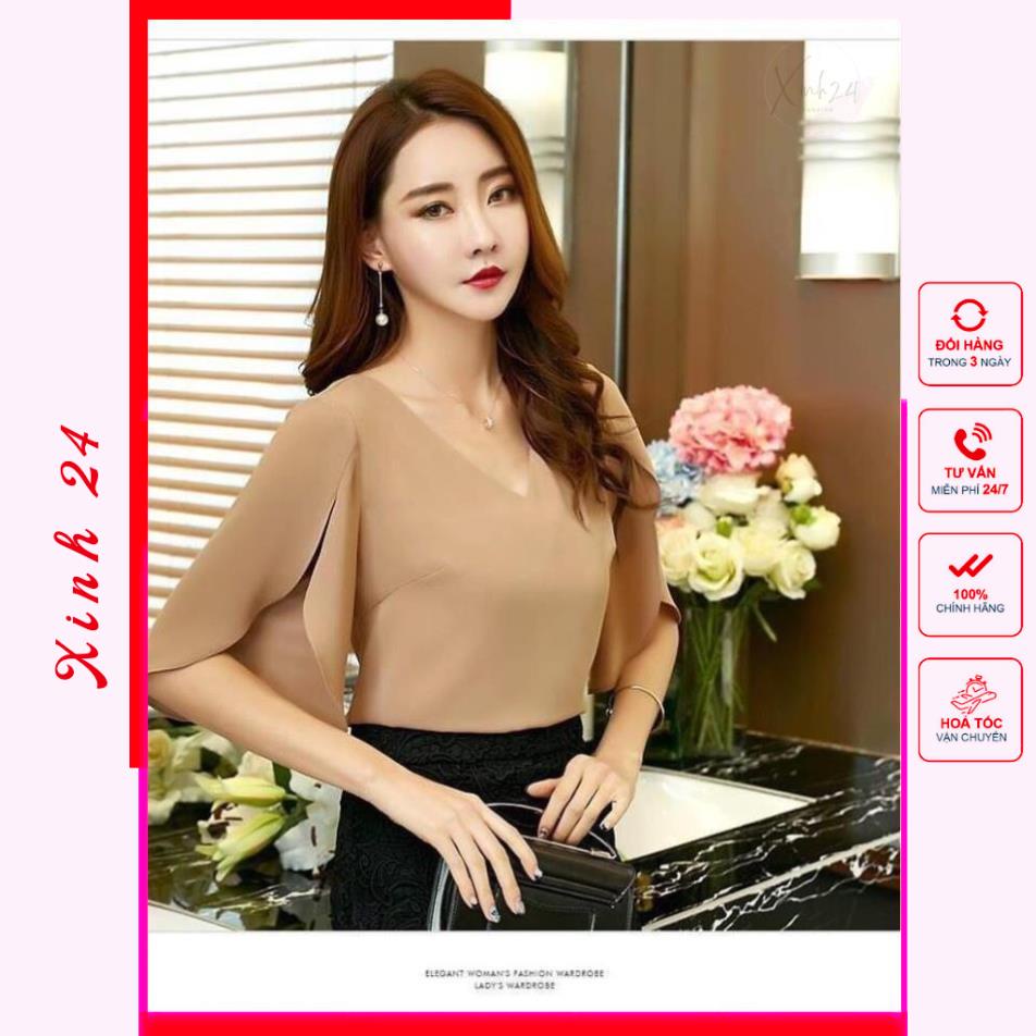 Áo kiểu nữ, áo sơ mi nữ cổ tim, thiết kế tay xẻ tà cách điệu | BigBuy360 - bigbuy360.vn
