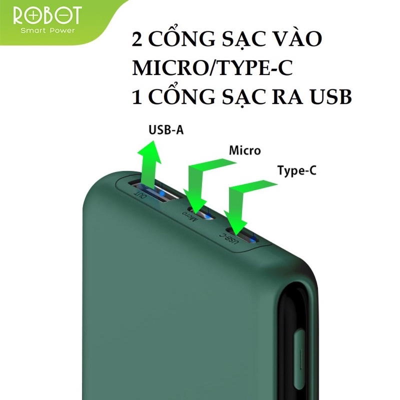 Pin Sạc Dự Phòng 10000mAh ROBOT RT180 | 1 Output USB &amp; 2 Input Micro USB/ TypeC