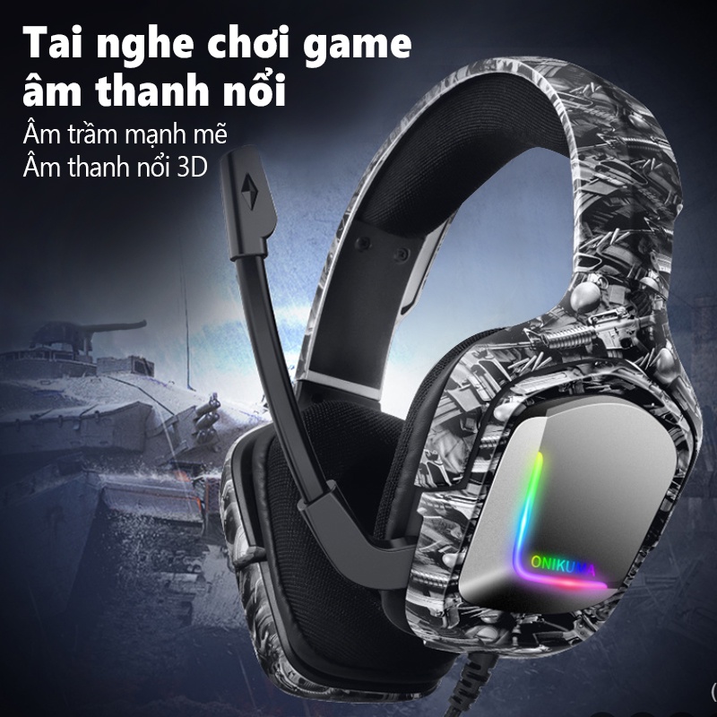 Tai nghe chơi game âm thanh nổi gắn trên đầu ONIKUMA K20 màu đỏ và trắng với micrô và đèn RGB
