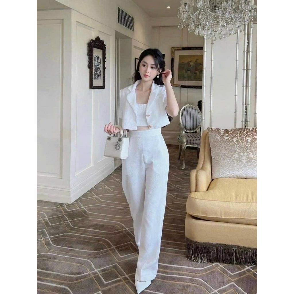 Sét bộ đồ nữ áo cổ vest đính nút 2 màu sang trọng ( có lót ) mix quần dài cotton lạnh tôn dáng quý phái dự tiệc đi chơi