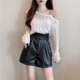 Set áo len lưới lệch vai và quần da cạp cao kèm đai eo [Ảnh thật 3-9]