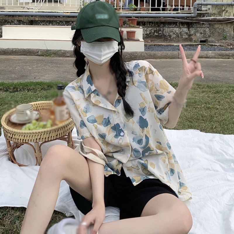 Áo sơ mi voan hoa ngắn tay thời trang mùa hè retro dành cho nữ