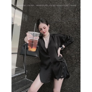Áo sơ mi lụa phom rộng oversize giấu quần
