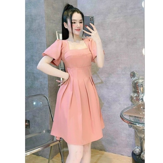 Váy đầm nữ dáng xòe dự tiệc tay phồng xếp ly