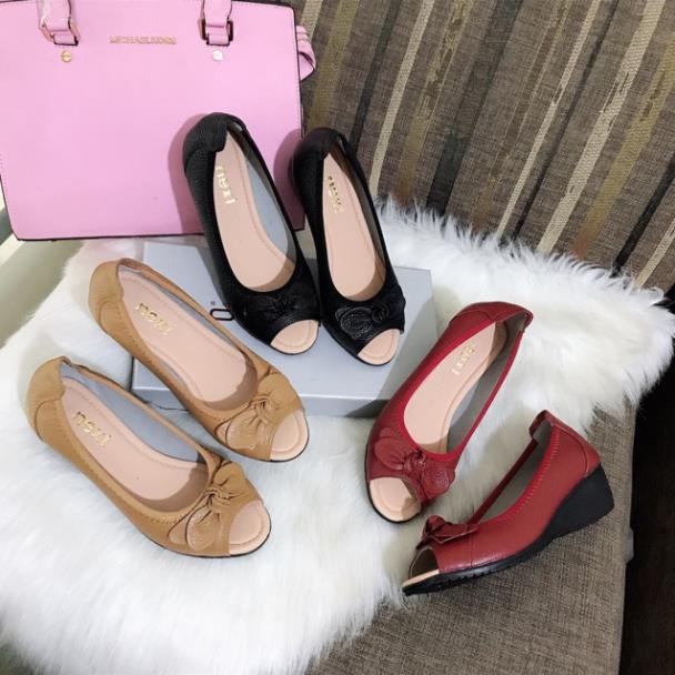 SALE Giày cao gót đế xuồng cao 4-5 cm phối nơ hở mũi, giày búp bê đế xuồng da thật êm và mềm đế chống trượt ˇ ^