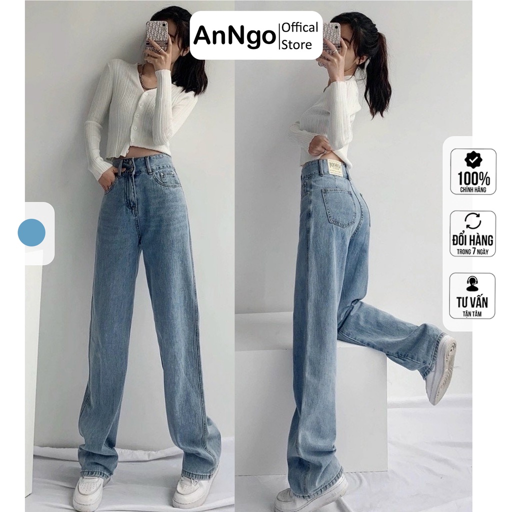 Quần jean nữ baggy trơn ống rộng chất vải Jean Denim không co giãn, bền màu AnNgo - AT201