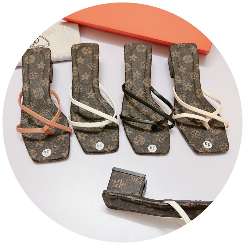 Dép guốc cao gót 4p Eo vì nâu kẹp ngón phối quai chéo 4 màu