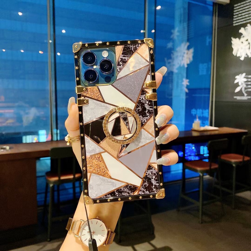 Ốp Điện Thoại Viền Vuông Kim Tuyến Có Vòng Đỡ + Dây Đeo Cho iPhone 6 6S 7 8 Plus X XS Max XR 13 12 Mini 11 Pro Max