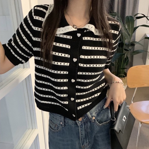 Áo croptop ZHELIHANGFEI dệt kim cổ polo tay ngắn kẻ sọc thiết kế trẻ trung cá tính dành cho nữ