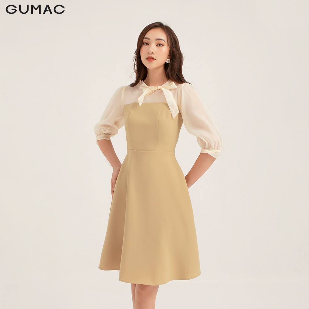 Đầm ôm nữ GUMAC tay dài phối nơ cổ, thiết kế sang trọng màu DB1145 | BigBuy360 - bigbuy360.vn