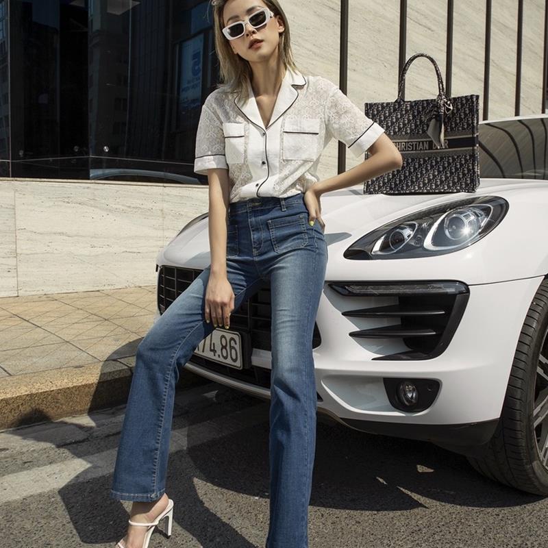 Quần bò cạp cao túi ốp hách chiều cao quần jeans cho nữ YUKAGO AA555211