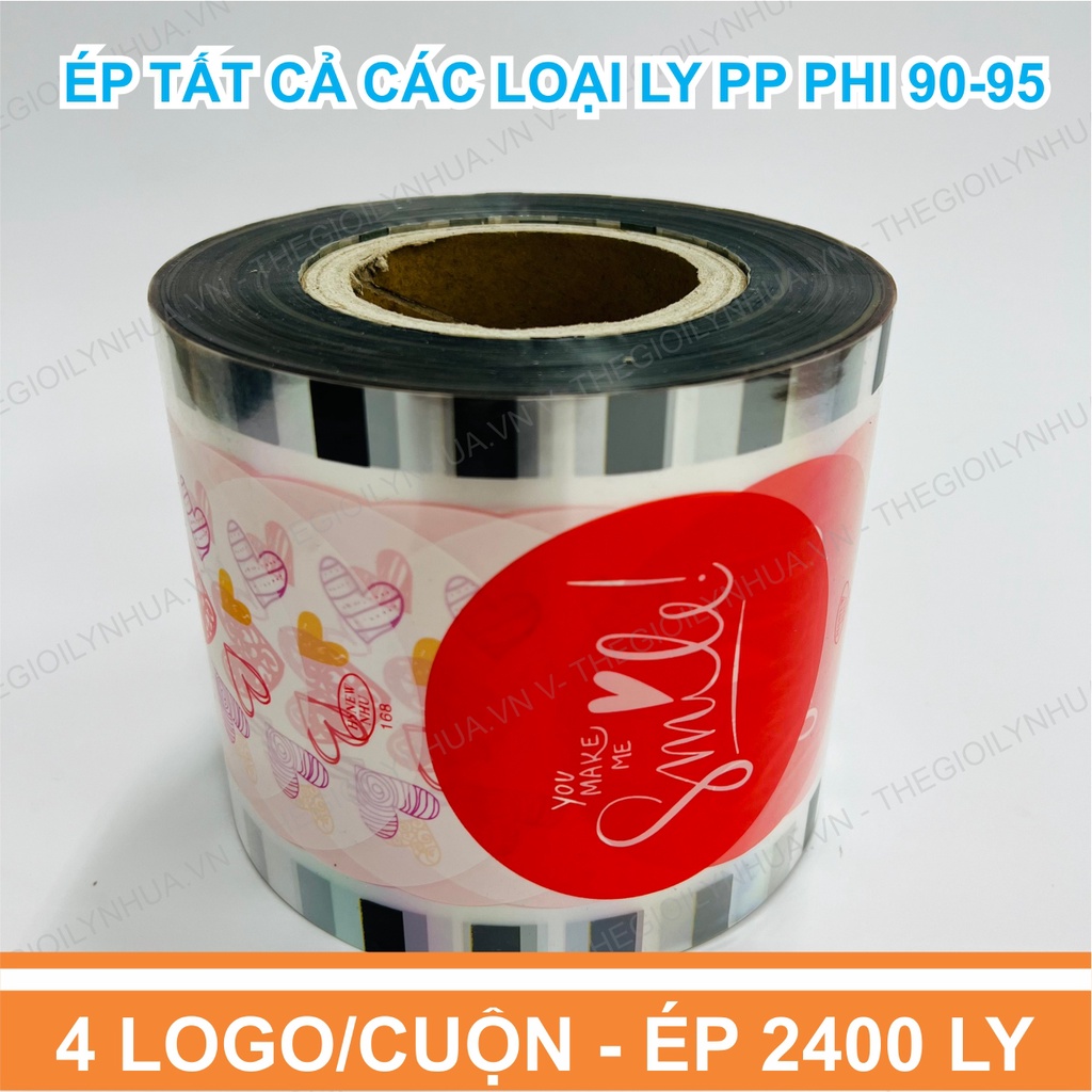 Màng dập cốc nhựa, cuộn màng ép, màng dập cốc in sẵn 2400 logo/cuộn, màng dập cốc 360ml, 500ml, 700ml mã 168