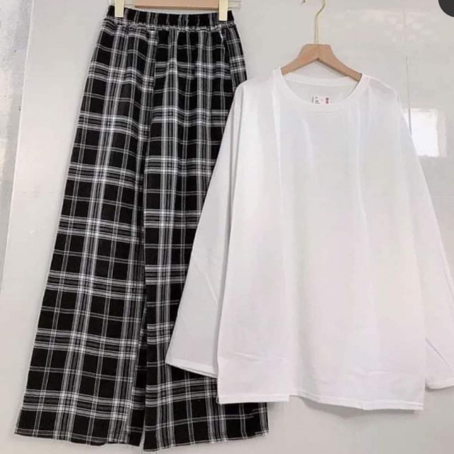 Sét áo xuông da cá quần kẻ đen C.OH866