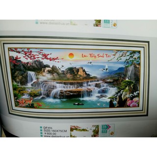 tranh đính đá phong cảnh lưu thủy sinh tài kt 160x75cm