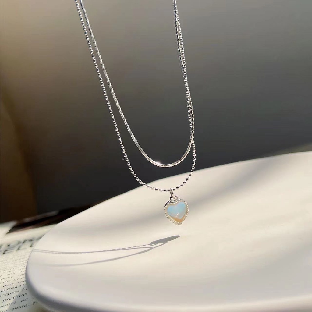 Multilayer Heart Moonstone Pendant Necklace Silver Chain Choker Jewelry Accessories