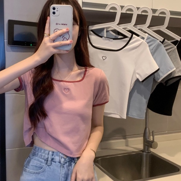 Áo Thun Ngắn Tay Thêu Họa Tiết Trái Tim Thời Trang Dành Cho Nữ