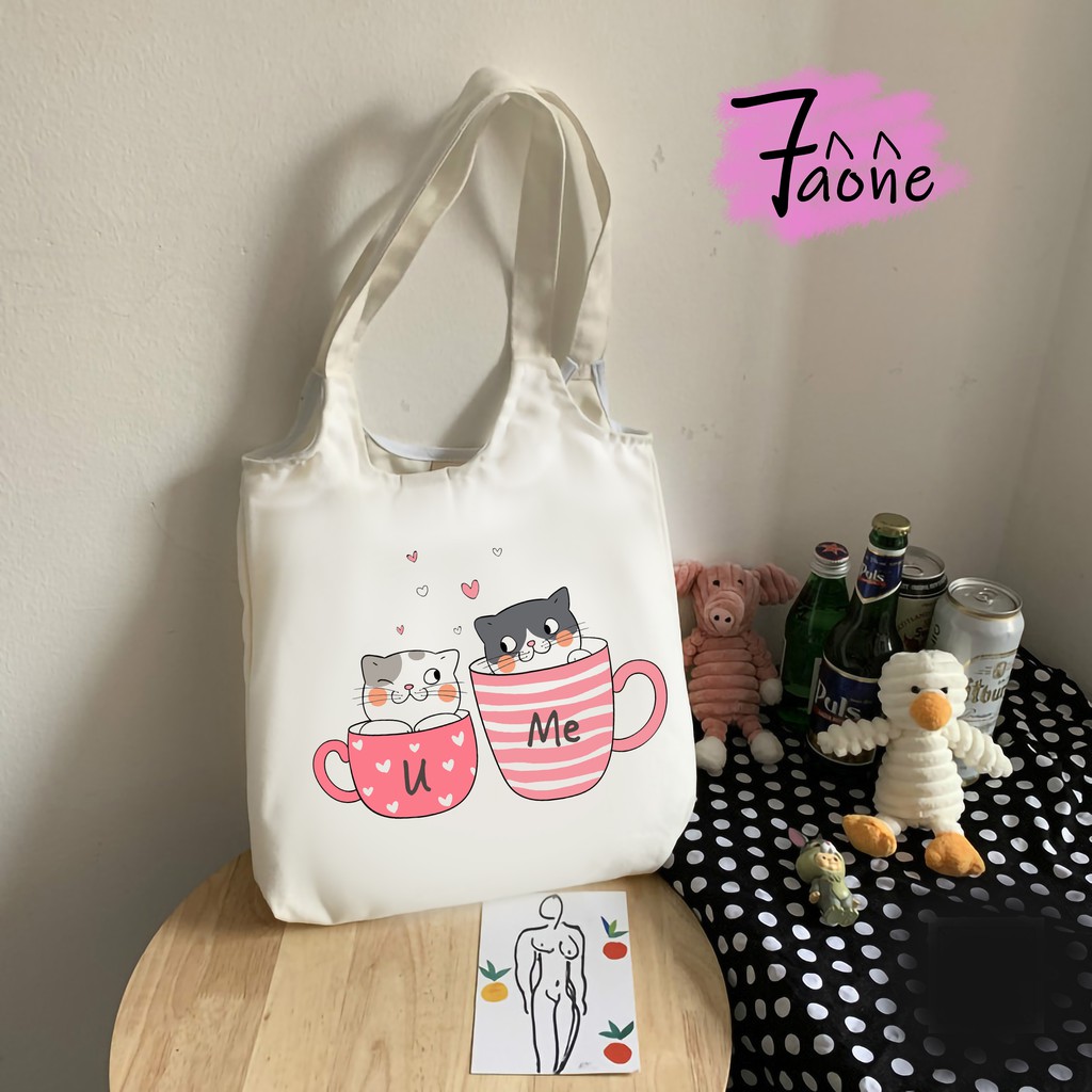 TÚI TOTE QUAI TRÒN MÈO MEOW MOEW (CÓ KHÓA + TÚI CON) VẢI CANVAS