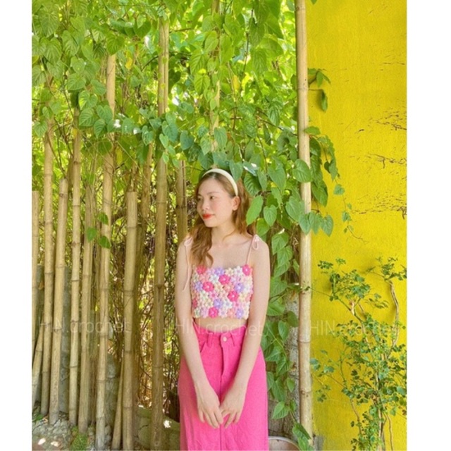 Croptop flower - Áo hoa đan móc hồng tím