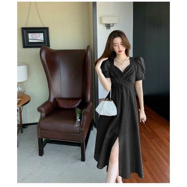 ĐẦM MIDI CỔ NHÍU CHÉO EO THẮT NƠ LƯNG