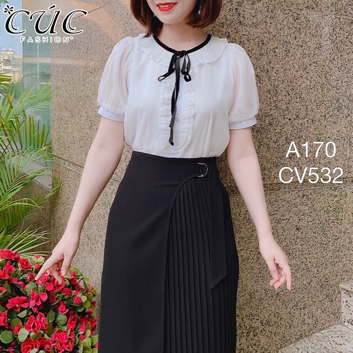Áo sơ mi nữ cao cấp công sở Cúc Fashion A170 áo somi cổ tròn nơ đen