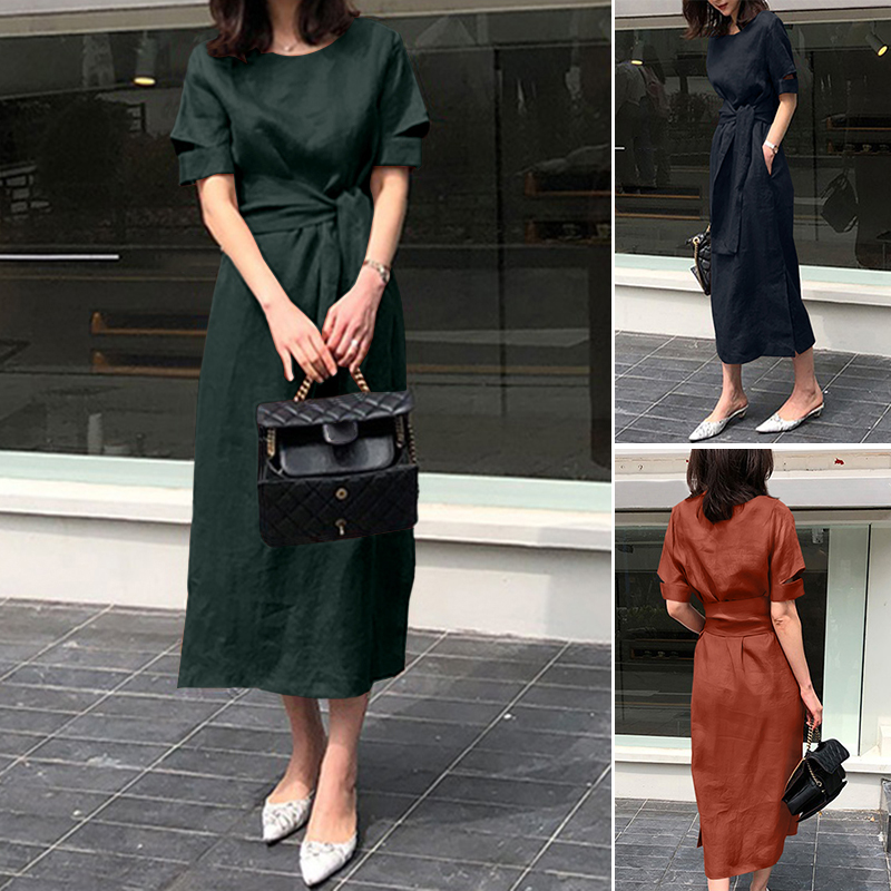 Đầm ZANZEA Cổ Tròn Tay Ngắn Cotton Trơn Cột Dây Xẻ Tà