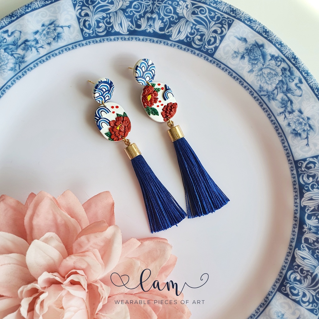 Bông tai tua rua Hoa mẫu đơn và Sóng xanh | Trang sức thủ công polymer clay | LAM Jewelry