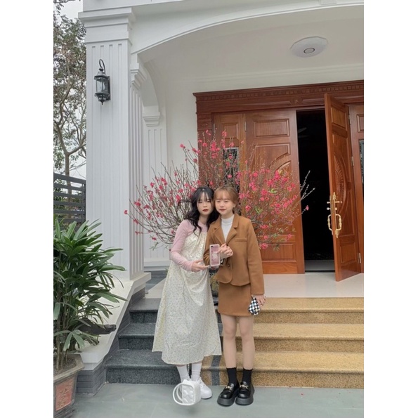 Set dạ trơn Blazer dáng ngắn croptop kèm chân váy chữ A xinh