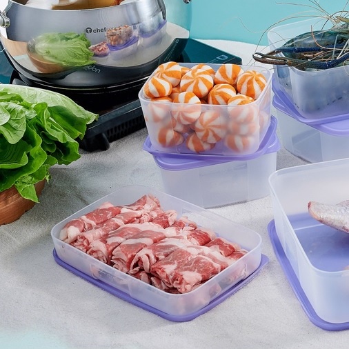 Hộp trữ đông Tupperware Essential Freezermate Low 650ml dẹp nắp tím