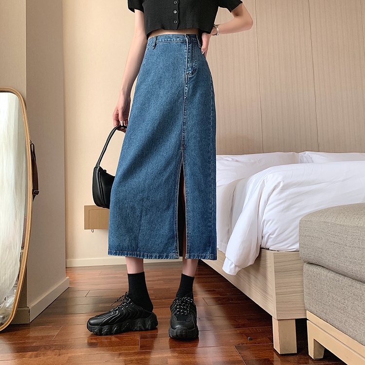 Chân váy denim XIAOZHAINV dáng chữ A lưng cao xẻ tà phong cách Hàn Quốc