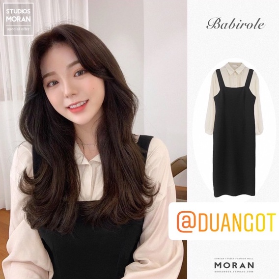 (ORDER) Set Váy yếm hai dây MORAN dáng suông dài xẻ tà sau lưng + áo sơ mi cổ bẻ style Hàn Quốc