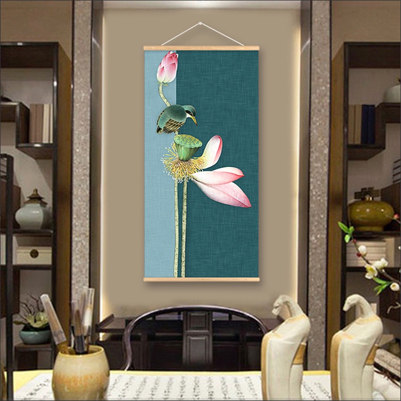 Tranh Vải Cuốn Treo Tường In Hình Hoa Sen Phong Cách vintage