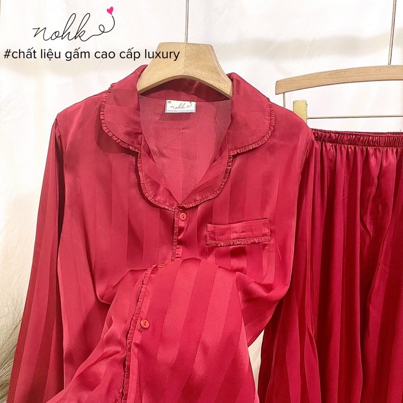 Bộ đồ Pijama Lụa Mặc Nhà NOHK. SET đồ ngủ lụa mềm mịn, nhẹ, thiết kế dáng dài trơn trọc phối viền bèo siêu tiểu thư