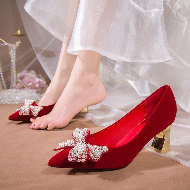 Giày Cao Gót Màu Đỏ Sang Trọng Thời Trang Mùa Đông Hàng Mới Dành Cho Cô Dâu