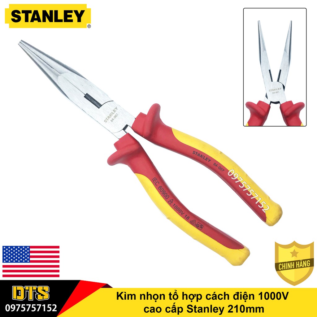 Kìm nhọn tổ hợp cách điện 1000V cao cấp Stanley 210mm, kìm cách điện chuẩn VDE, GS, thép đặc biệt công nghệ cao