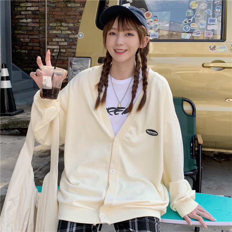 Áo khoác cardigan cổ chữ v cài khuy dễ thương phong cách Hàn Quốc cho nữ